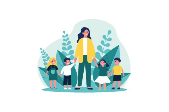 Kindergarten Teacher Walking with Kids