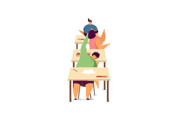 Pupils in School Class: Cartoon Boys and Girls Studying for Exams
